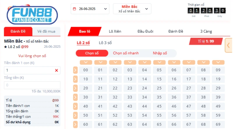 Đặt cược tiền, chọn hình thức lô và số muốn chơi 